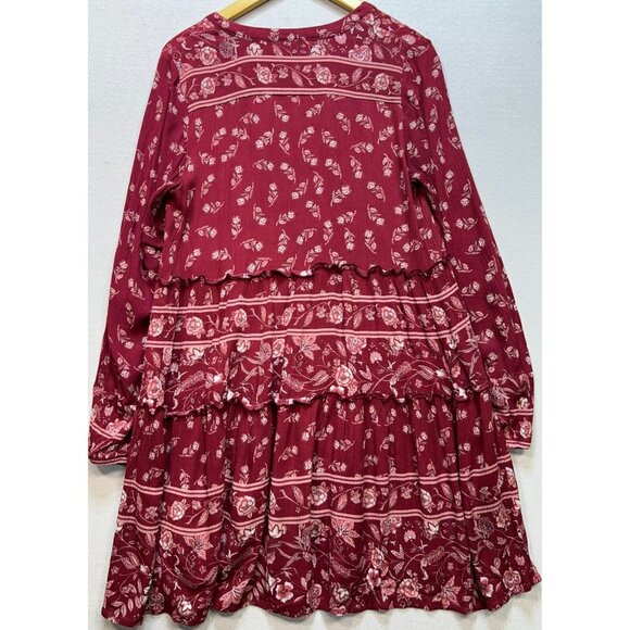 Knox Rose Womens Peasant Boho Tiered Dress Size L Burgundy Red Floral - Picture 2 of 11